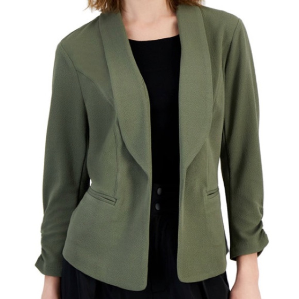 Bar III Petite 3/4-Sleeve Shawl-Collar Blazer in Dusty Olive Petite Large